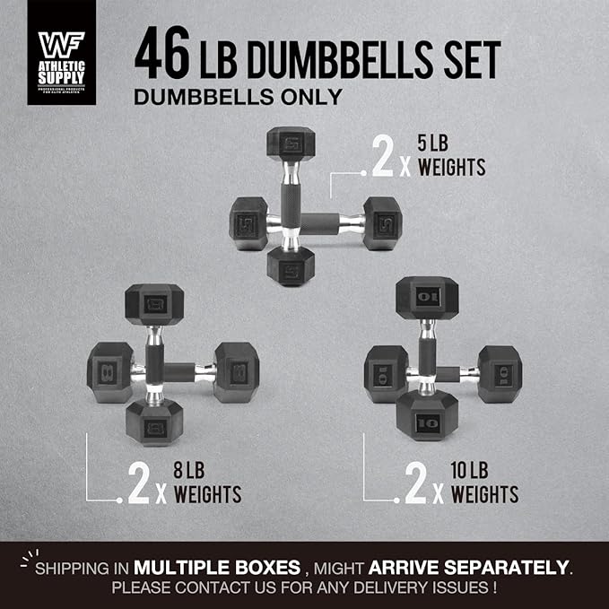 WF Athletic Supply Rubber Encased Hex Dumbbells with Rubber Grip Contoured Handle for Muscle Toning, Strength Building & Full Body Workout