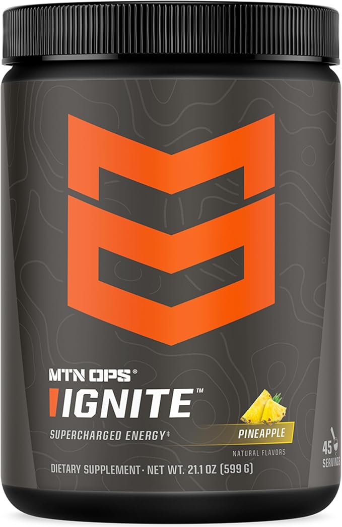 MTN OPS Ignite Energy Drink Powder, Gluten Free Nootropic Supplement Drink Mix, L Arginine, L Citrulline, Caffeine & Nootropic Sugar Free Drink Mix, 45 Servings, Pineapple Crush