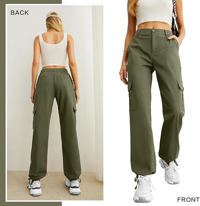 Lepunuo Women's High Waisted Cargo Pants Travel Y2K Streetwear Baggy Stretchy Pants with 6 Pockets Drawstring Ankle Cuffs