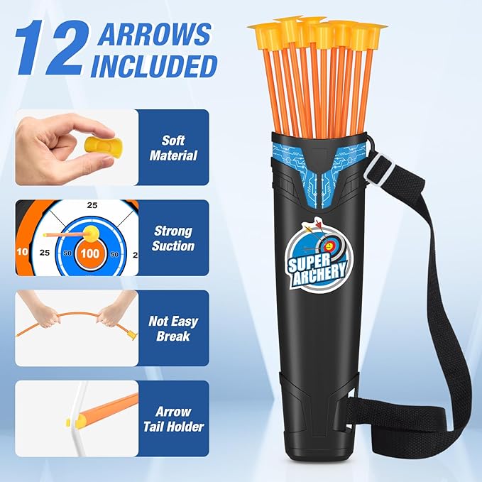 Bow and Arrow for Kids, LED Light Up Archery Set with 12 Suction Cup Arrows, 1 Standing Target, 3 Score Targets & 1 Quiver, Indoor Outdoor Sport Gifts for Boys Girls Ages 4-12, Blue