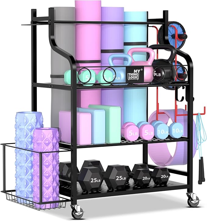 Mythinglogic Yoga Mat Storage Racks,Home Gym Storage Rack for Dumbbells Kettlebells Foam Roller, Yoga Strap and Resistance Bands, Workout Equipment Storage Organizer With Hooks and Wheels