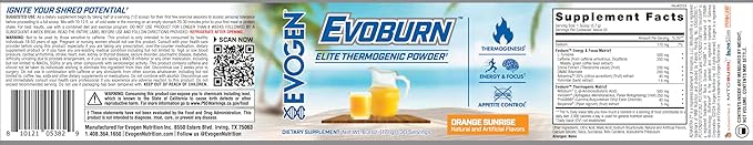 Evogen Evoburn - Thermogenic Fat Burner for Men & Women | Energy, Focus, & Appetite Control | Advanced Metabolism Booster Fat Burner Formula with MitoBurn & Caffeine | Orange Sunrise | 30 Servings