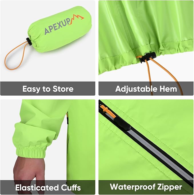 APEXUP Packable Rain Jacket Men with Reflective Zipper, Lightweight Waterproof Raincoat, Mens Rain Jacket for Outdoor Sports