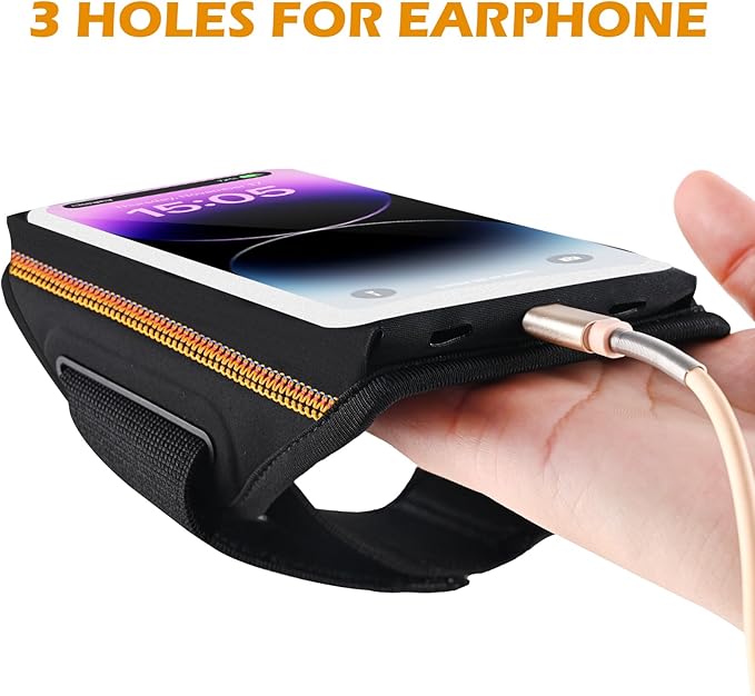 Running Armband with Earphone Bag Cell Phone Armband for iPhone 16 15 Pro 14 Plus 13 11 XR XS, Galaxy S24/S10 Water Resistant Sports Phone Holder Case & Zipper Slot Car Key Holder for 6.9 inch Phone