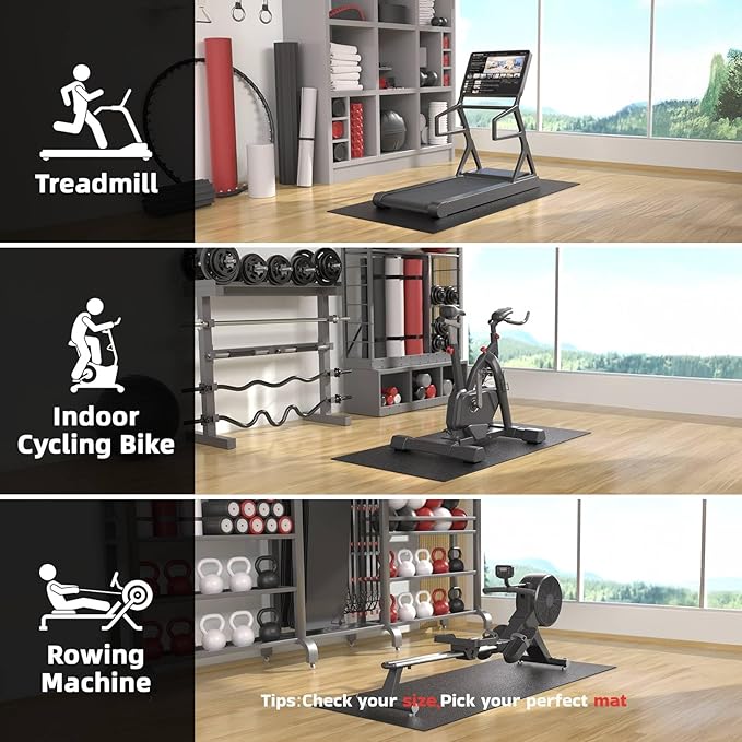 Treadmill Mat, 7'x3'/6'x3'/6'x2.5'/5.6'x2'/4'x2', 6mm Thick Exercise Equipment Gym Mat for Hardwood FloorCarpet, Compatible with Peloton Bike, Indoor Spin Bike, Elliptical