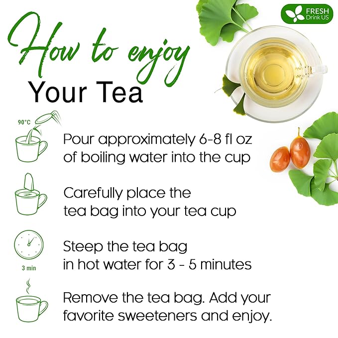 FreshDrinkUS, Premium 75 Ginkgo Biloba Leaf Tea Bags, 100% Natural & Pure from Ginkgo Biloba Leaves. Loose Leaf Herbal Tea. Made with Eco-Conscious Tea Bags. No Sugar, No Caffeine, No Gluten, Vegan.