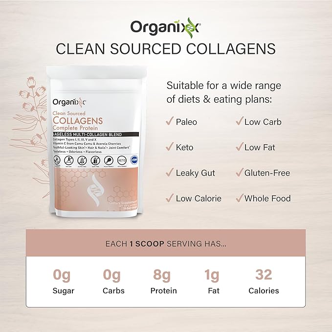 Organixx Collagen Peptides Powder with Vitamin C, Types I, II, III, V, X Hydrolyzed Collagen, Hair, Nail, Skin, Bone & Joint Health, Aging Support, Clean Sourced, Gluten Free, Unflavored, 20 Servings