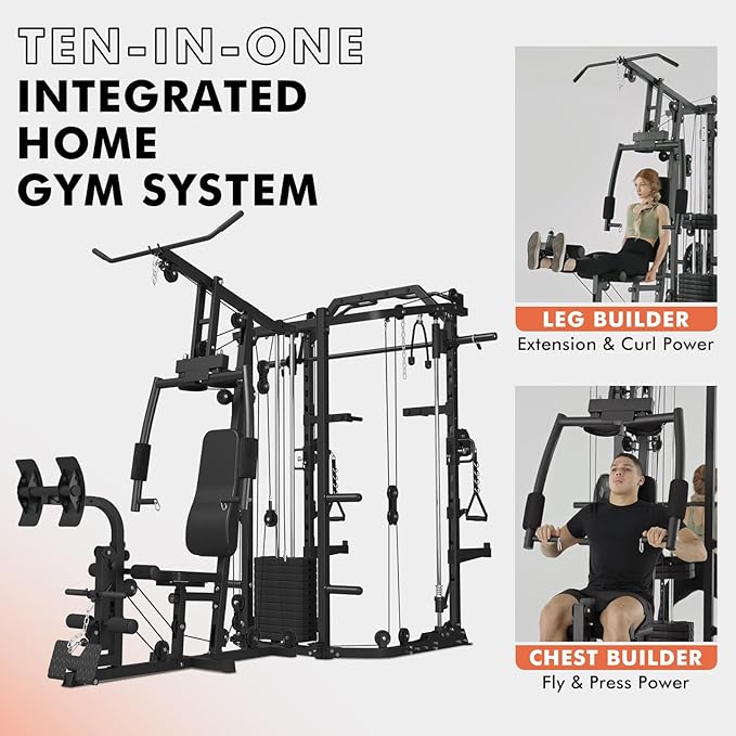 GMWD SmithΔ Machine Power Cage, Multi-Function Home Gym System with Cable Crossover System, Dual-Sided Workout Station with 121LBS Weight Stack, Power Rack, Functional Trainer, All in One Home Gym