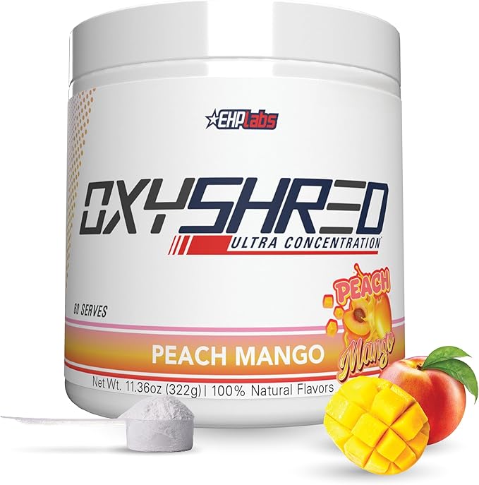 EHP Labs OxyShred Pre Workout Powder - Preworkout Powder with L Glutamine & Acetyl L Carnitine, Energy Boost Drink - Peach Mango, 60 Servings