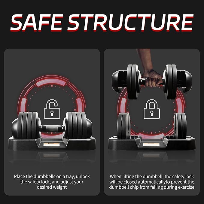 52LBS Single/Pair Adjustable Dumbbells Set Premium Rubber Coated Dumbbell Set with Secure Locking Mechanism for Safe & Customizable Strength Training