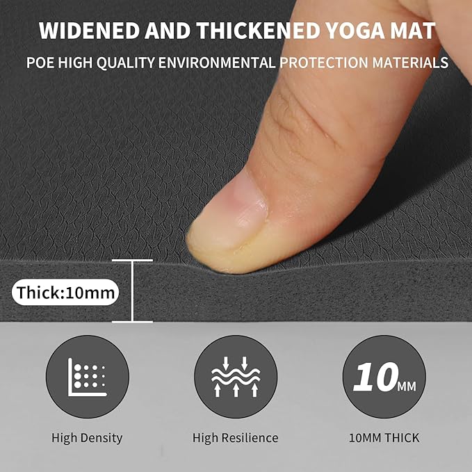 10mm Large Yoga Mat (6'x 4') - Extra Long and Wide 72 x 48 x 0.4 inches, Non-Slip POE Fitness Mat, Eco-Friendly, Thick Wide Exercise Mat for Home Workouts,Ideal for Yoga and Pilates.