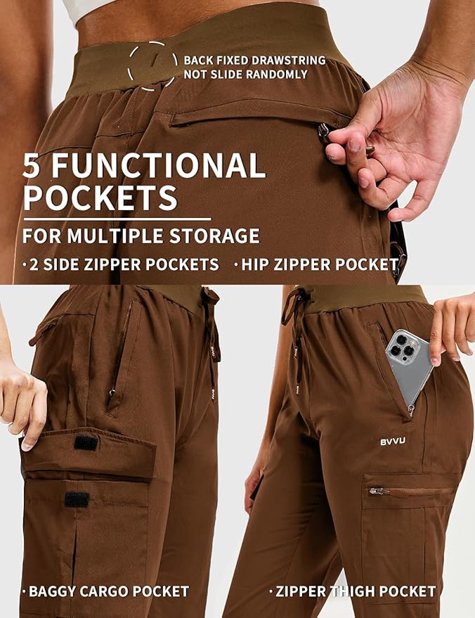 BVVU Women's Hiking Pants Lightweight Quick Dry Travel Outdoor Pants Waterproof Work Cargo Joggers with Zipper Pockets