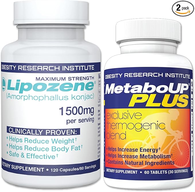 Lipozene Weight Loss Combo of one Mega Bottle 120 Count and one Bottle of MetaboUP Thermogenic Supplement 60 Count in Total - Boost Metabolism, Increase Energy, and Control Your Appetite