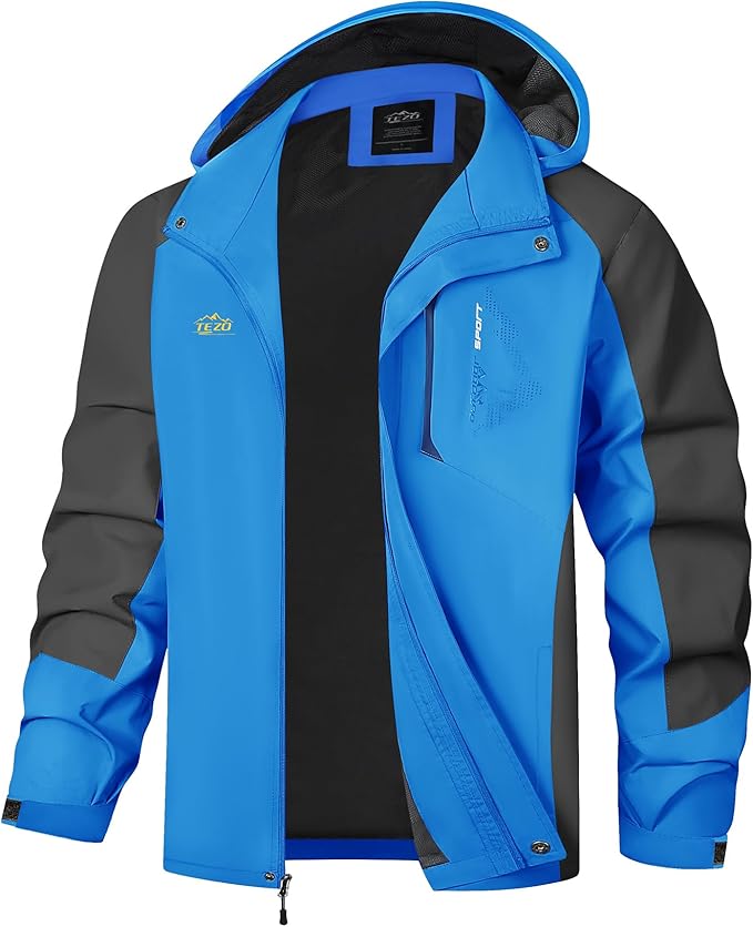 TEZO Mens Rain Jacket Waterproof with Hooded Hiking Coat Lightweight Windbreaker