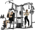 GMWD SmithΔ Machine Power Cage, Multi-Function Home Gym System with Cable Crossover System, Dual-Sided Workout Station with 121LBS Weight Stack, Power Rack, Functional Trainer, All in One Home Gym