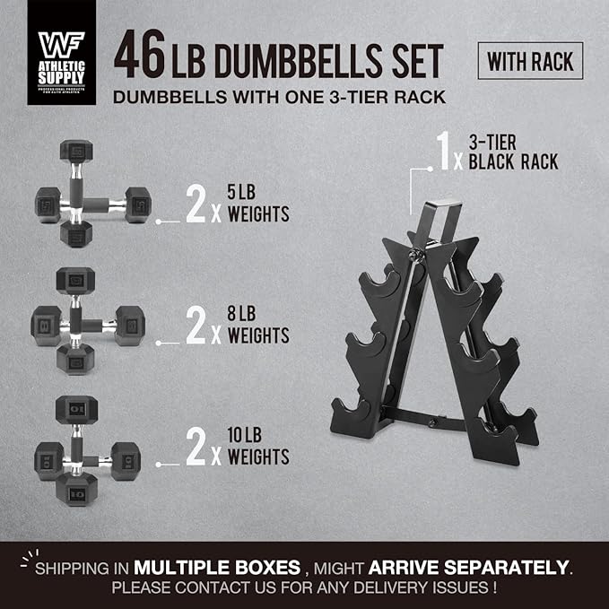 WF Athletic Supply Rubber Encased Hex Dumbbells with Rubber Grip Contoured Handle for Muscle Toning, Strength Building & Full Body Workout