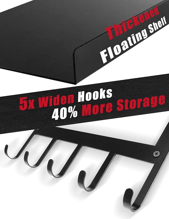 Yoga Mat Holder Wall Mount, Home Gym Storage Rack with Top Flating Shelf, 4-Tiers Holding Yoga Mat/ Blocks/ Rollers and Decorations, 5 Hooks for Resistance Bands, Skipping-Rope, Small Gym Equipment