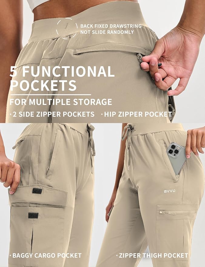 BVVU Women's Hiking Pants Lightweight Quick Dry Travel Outdoor Pants Waterproof Work Cargo Joggers with Zipper Pockets
