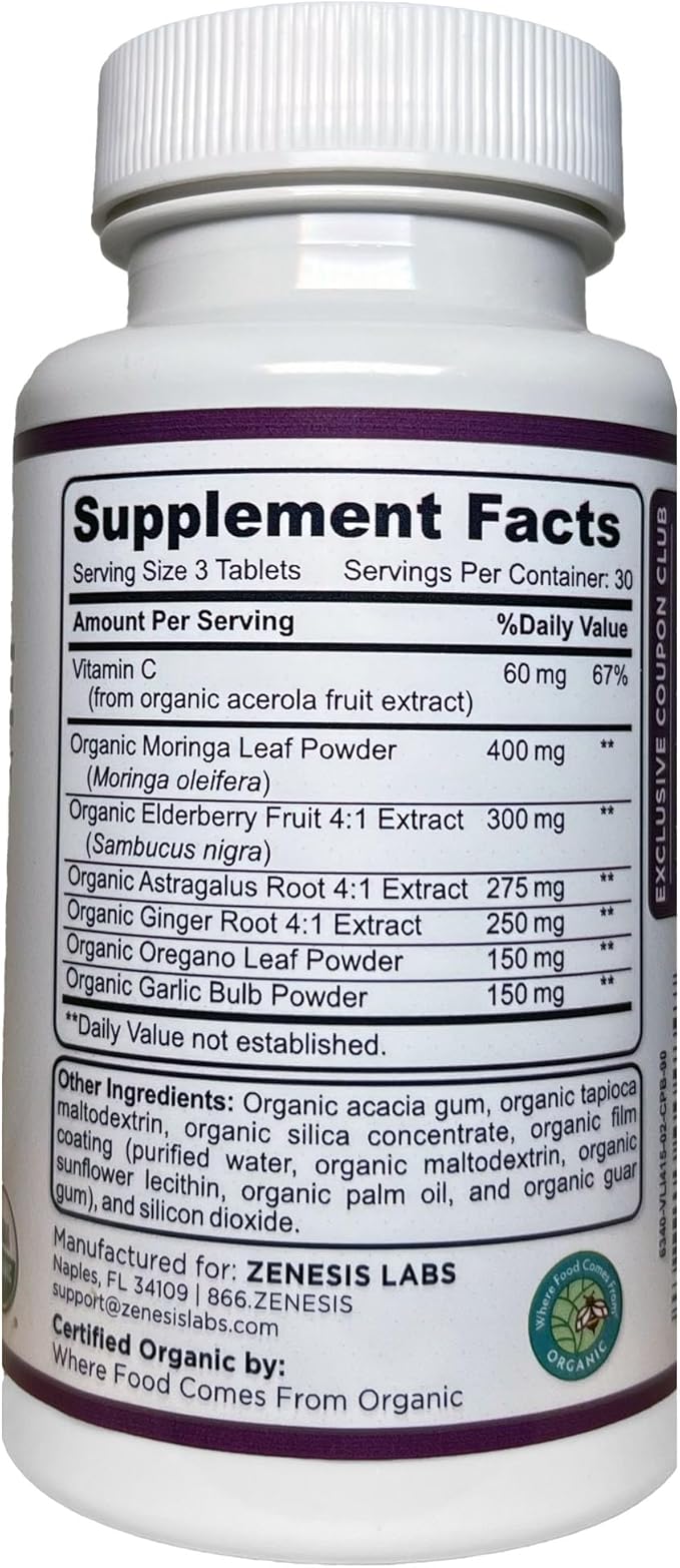 Zenesis Labs Organic Immune Support Supplement Vitamin C, Moringa, Elderberry, Astragalus, Oregano, Ginger, Garlic (90 Tablets, 30 Day Supply)