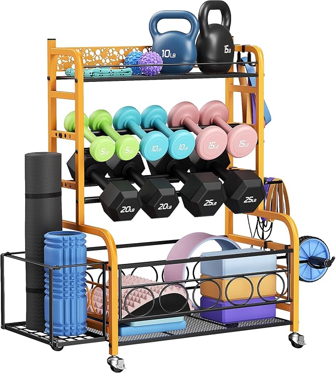 Dumbbell Rack, VOPEAK Weight Rack for Home Gym, Home Gym Storage Rack for Yoga Mat Kettlebells and Strength Training Equipment, Weight Storage Rack for Dumbbells with Wheels