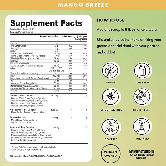 Boobie Mother of All Greens | Your New Family Ritual, Daily Super Greens Powder with 35+ Essential Nutrients for Moms & Families | Vegan, Gluten Free, & Sugar Free | Mango Flavor, 30 svgs
