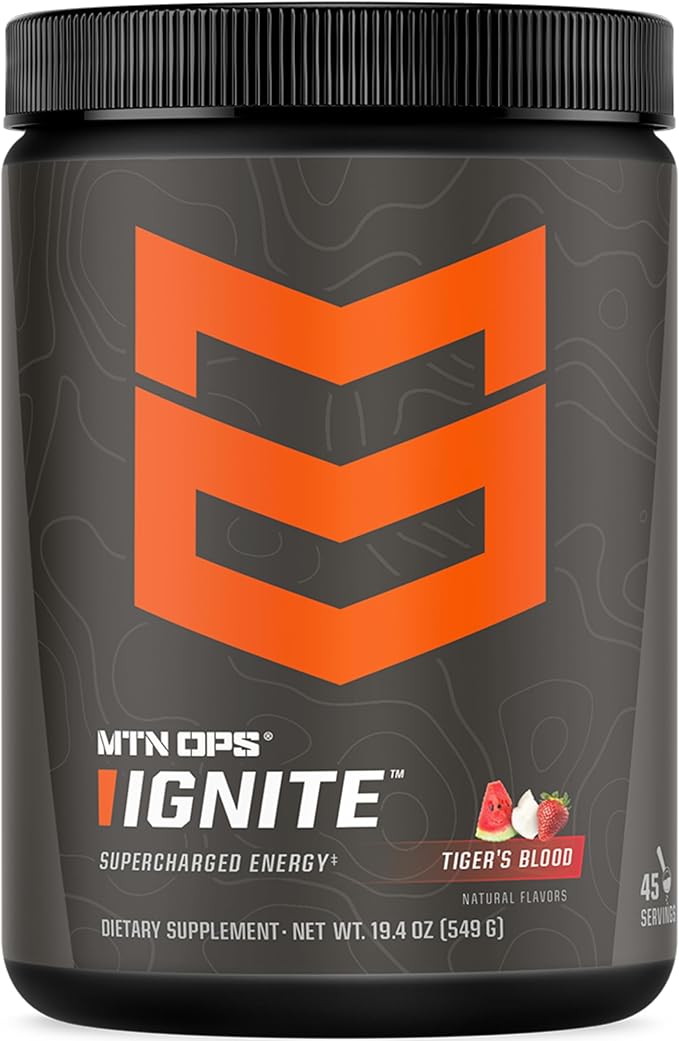 MTN OPS Ignite Energy Drink Powder, Gluten Free Nootropic Supplement Drink Mix, L Arginine, L Citrulline, Caffeine & Nootropic Sugar Free Drink Mix, 45 Servings, Tiger's Blood