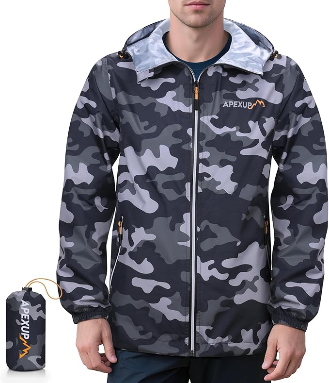 APEXUP Packable Rain Jacket Men with Reflective Zipper, Lightweight Waterproof Raincoat, Mens Rain Jacket for Outdoor Sports