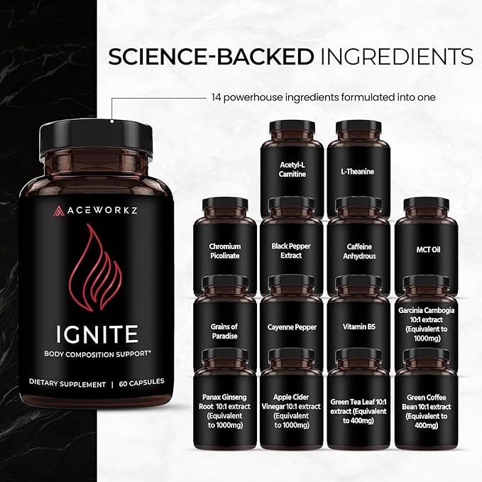Ignite - Thermogenic Fat Burner & Nootropic - Weight Management, Craving Control, Metabolism, Focus & Energy Support with ACV, Green Tea Extract & More - High Absorption with BioPerine® (60 Capsules)