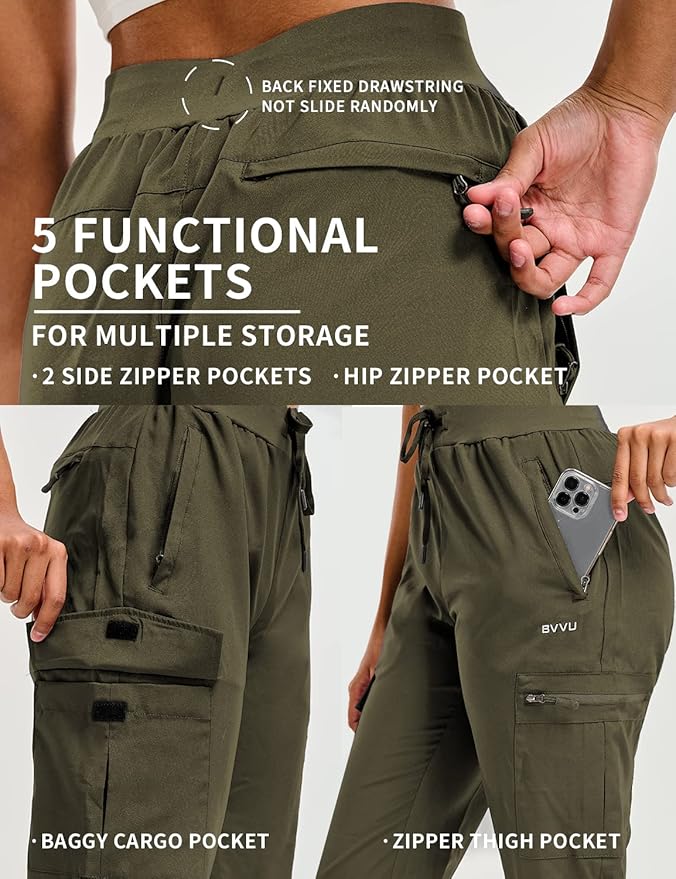 BVVU Women's Hiking Pants Lightweight Quick Dry Travel Outdoor Pants Waterproof Work Cargo Joggers with Zipper Pockets