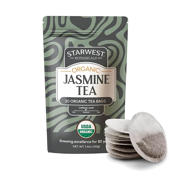 Starwest Botanicals Organic Jasmine Tea - Caffeinated Herbal Blend, Green Tea Scented with Natural Jasmine Flowers, Fragrant & Uplifting, Enjoy Hot or Iced, USDA Organic, Non GMO - 20 Tea Bags