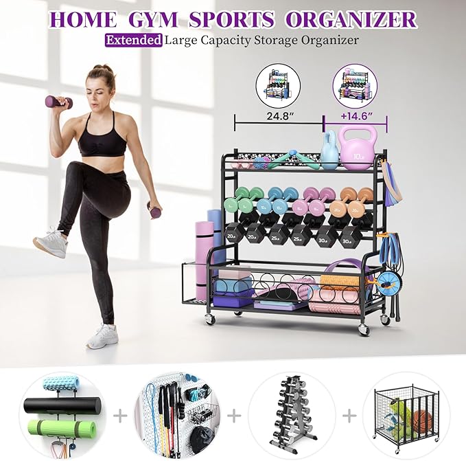 Dumbbell Rack, VOPEAK Weight Rack for Home Gym, Home Gym Storage Rack for Yoga Mat Kettlebells and Strength Training Equipment, Weight Storage Rack for Dumbbells with Wheels
