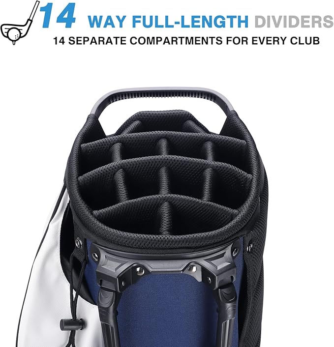 Golf Stand Bag 14 Way Top Dividers Full-Length with Stand, 7 Pockets, Lightweight Golf Bag for Men, Dual Strap, Rain Hood, Portable Golf Club Bag for Men Women