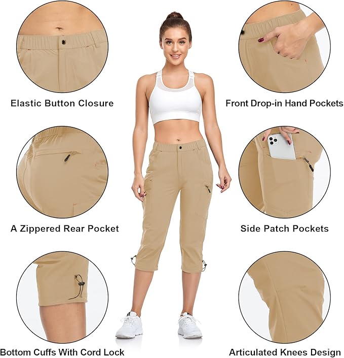 GymBrave Women's Hiking Cargo Pants Quick Dry Outdoor Camping Capris Water Resistant UPF 50 with Zipper Pockets