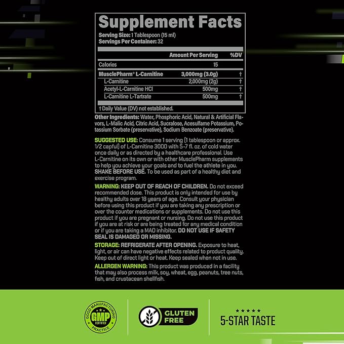 Muscle Pharm L-Carnitine 3000, The Ultimate Liquid L Carnitine Supplement for High-Performance, Supports Metabolism, Hydration & Energy, Zero Sugar/Calories, Blue Raspberry Flavor, 32 Servings