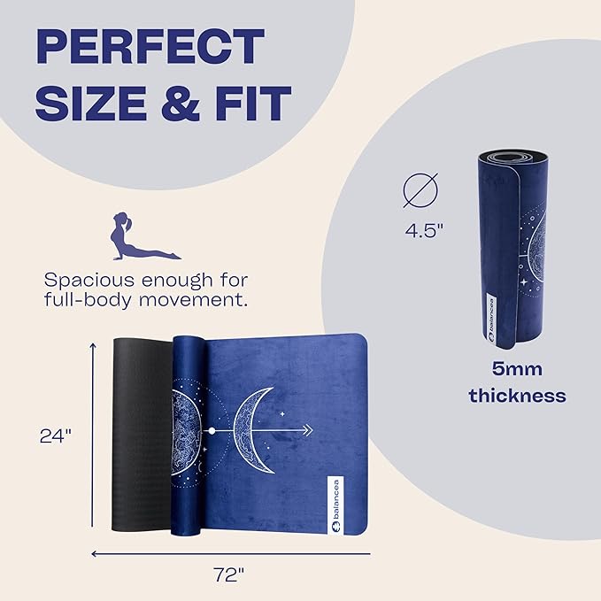 Yoga Mat 5mm Non Slip Suede & TPE - Eco-Friendly Fitness & Exercise Mat for Home Gym, Pilates, Hot Yoga, and Meditation - Lightweight Durable 72 x 24 inch Workout Mat for Women & Men