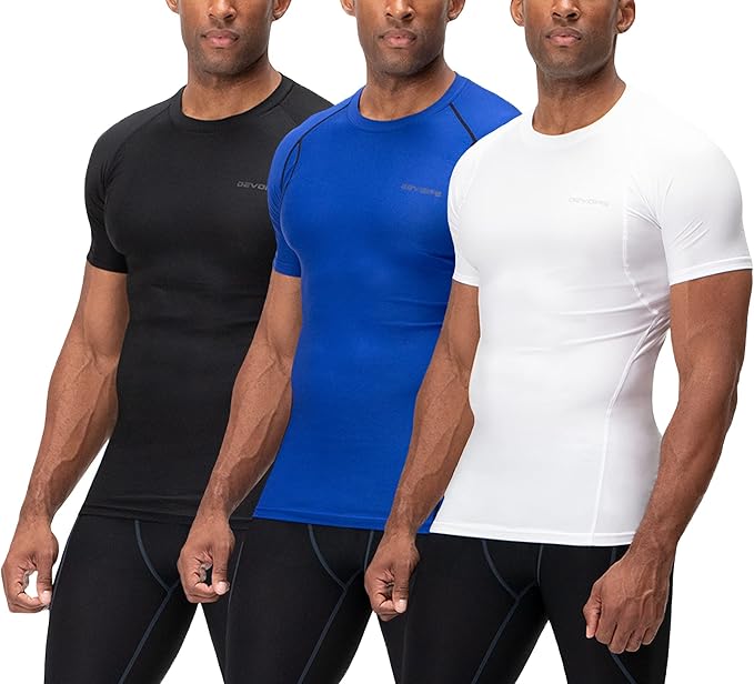 DEVOPS 3 Pack Men's Cool Dry Short Sleeve Compression Shirts, Sports Baselayer T-Shirts Tops, Athletic Workout Shirt