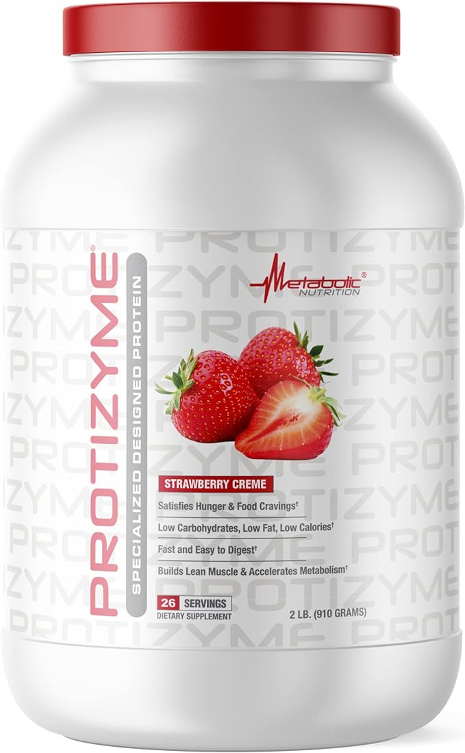 Metabolic Nutrition | Protizyme | 100% Whey Protein Powder | High Protein, Low Carb, Low Fat with Digestive Enzymes, 24 Essential Vitamins and Minerals | Strawberry Creme, 2 Pound