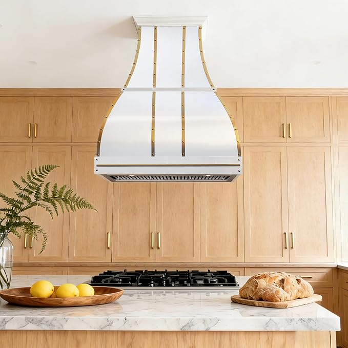 CHETTO C Stainless Steel Range Hood Cover with 4-Speed Vent Hood Insert Custom Handcrafted Metal Kitchen Fan with Towel Rack LED Light 54"W x27"D x33"H White Island Mount