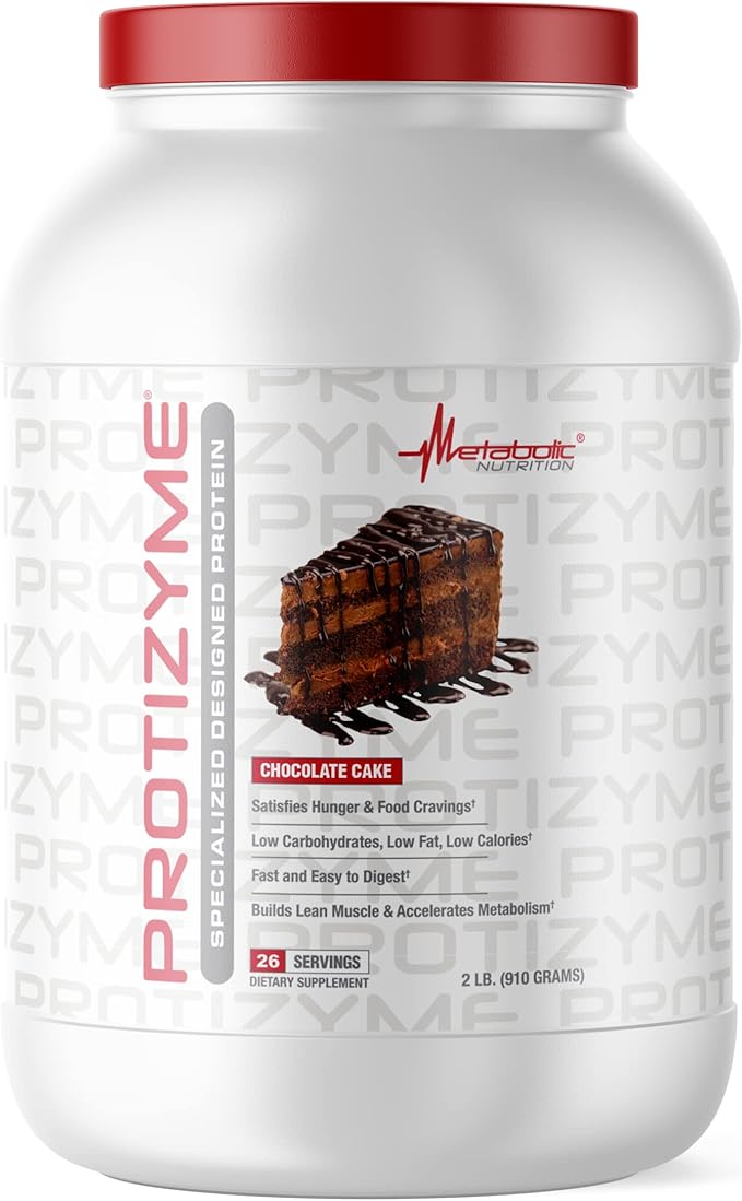 Metabolic Nutrition | Protizyme | 100% Whey Protein Powder | High Protein, Low Carb, Low Fat with Digestive Enzymes, 24 Essential Vitamins and Minerals | Chocolate Cake, 2 Pound