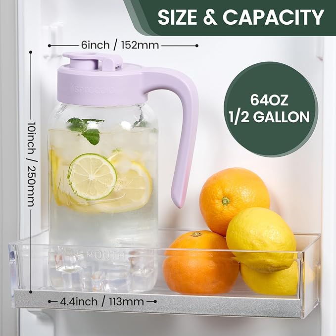 Mason Jar Pitcher - Airtight & Leakproof Glass Pitcher with Lid[set of 2], Perfect for Breastmilk, Cold Brew, and Sun Tea, 2 Quart (64 oz) Mason Jar with Pour Spout Lid