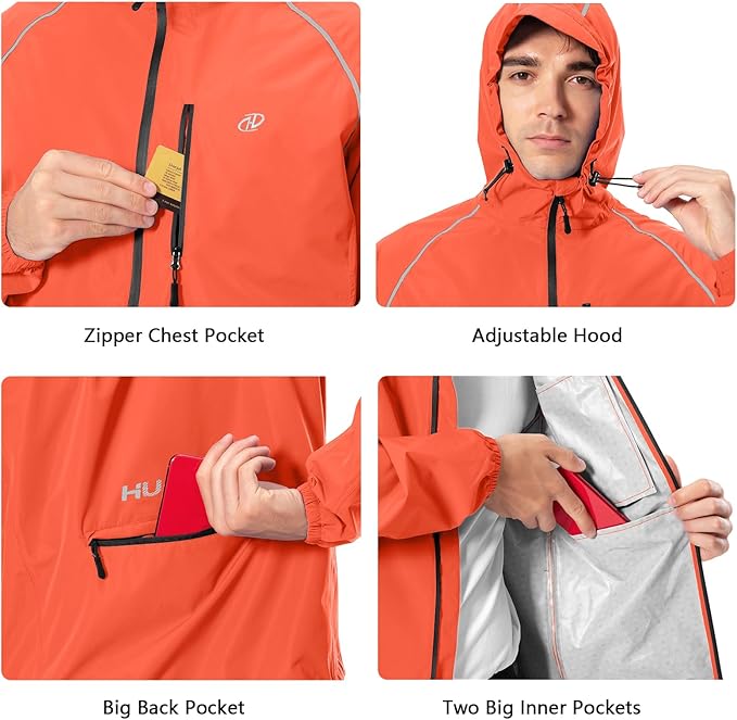 Men's Cycling Running Rain Jacket Lightweight Waterproof Biking Hiking Windbreaker Raincoat Reflective Packable