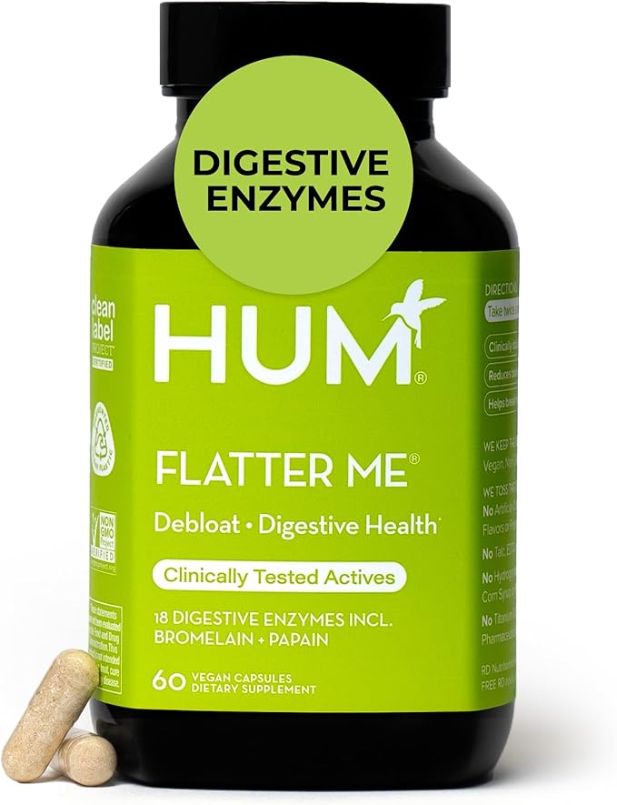 HUM Flatter Me Digestive Enzymes Bloating Supplement - Fast-Acting Bloat Relief for Digestive Health & Debloating Multi Enzyme | Bloat Pills, Anti Bloat Pills, Vegan 60 Servings