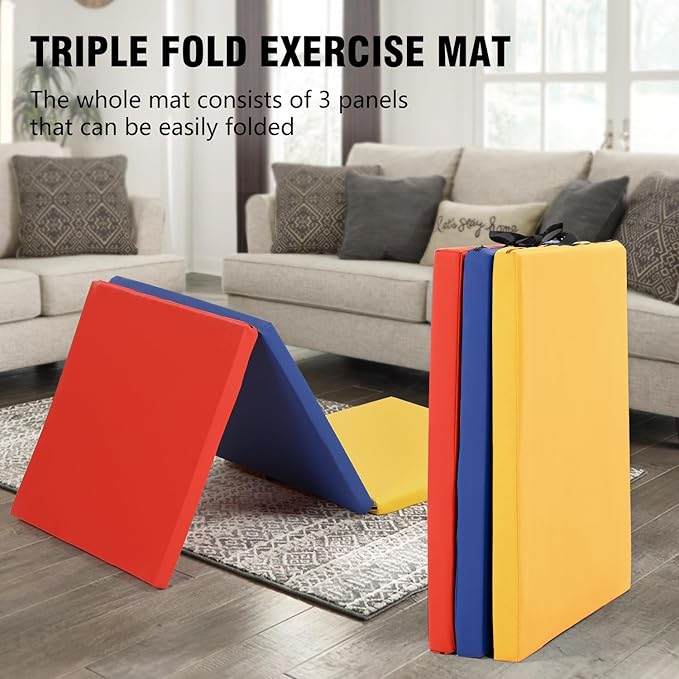 Gymnastics Tumbling Mats Portable Gymnastics Mat Foldable Tumbling Mat 2'x6'/4'x8' PU Leather Exercise Mat Yoga Mat with Carrying Handles for home Workout outdoor Yoga Gymnastics