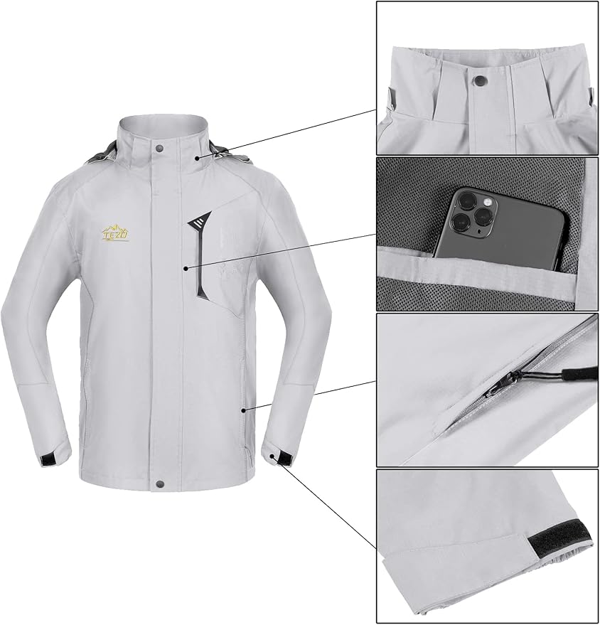 TEZO Mens Rain Jacket Waterproof with Hooded Hiking Coat Lightweight Windbreaker