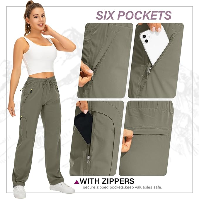 Womens Hiking Pants Quick Dry UPF 50 Lightweight Travel Golf Cargo Safari Pants Zipper Pockets
