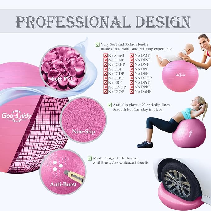 Soft Exercise ball, Anti-Burst Yoga Ball Chair Supports 2200lbs, Workout Equipment w/ Pump for Women Pregnancy, Medicine, Birthing, Physical Therapy, Stability, Excersing, Birth, Swiss, Fitness, Gym