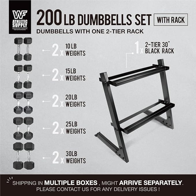 WF Athletic Supply 200Lb Dumbbell Set, 10-30Lb Dumbbell Set with Two-Tier Storage Rack for Muscle Toning, Strength Building & Weight Loss - Multiple Choices Available