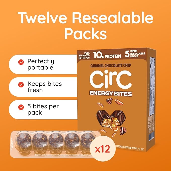 CirC Energy Bites - 12 Pack Caramel Chocolate Chip Gluten Free Protein Balls - 10g Protein, Whole Grains, Nuts & Fruit - Portable Healthy Snacks for Adults & Kids, 5 Piece Resealable Packs