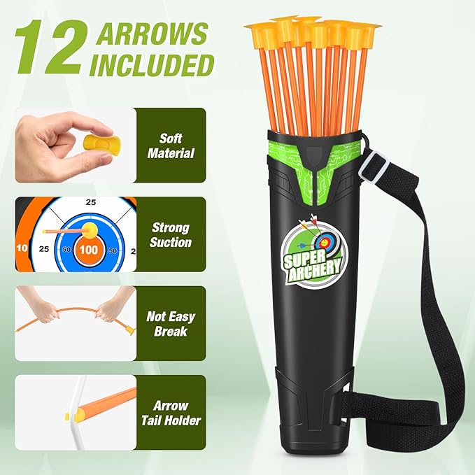 Bow and Arrow for Kids, LED Light Up Archery Set with 12 Suction Cup Arrows, 1 Standing Target, 3 Score Targets & 1 Quiver, Indoor Outdoor Sport Gifts for Boys Girls Ages 4-12, Green