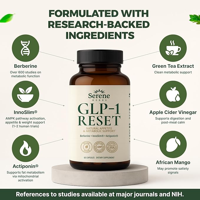 GLP-1 Supplement for Women & Men - Hunger & Metabolism Support with Berberine, InnoSlim, Actiponin - Natural GLP1 Booster to Support Appetite, Digestion & Gut Health - Vegan - 60 Capsules